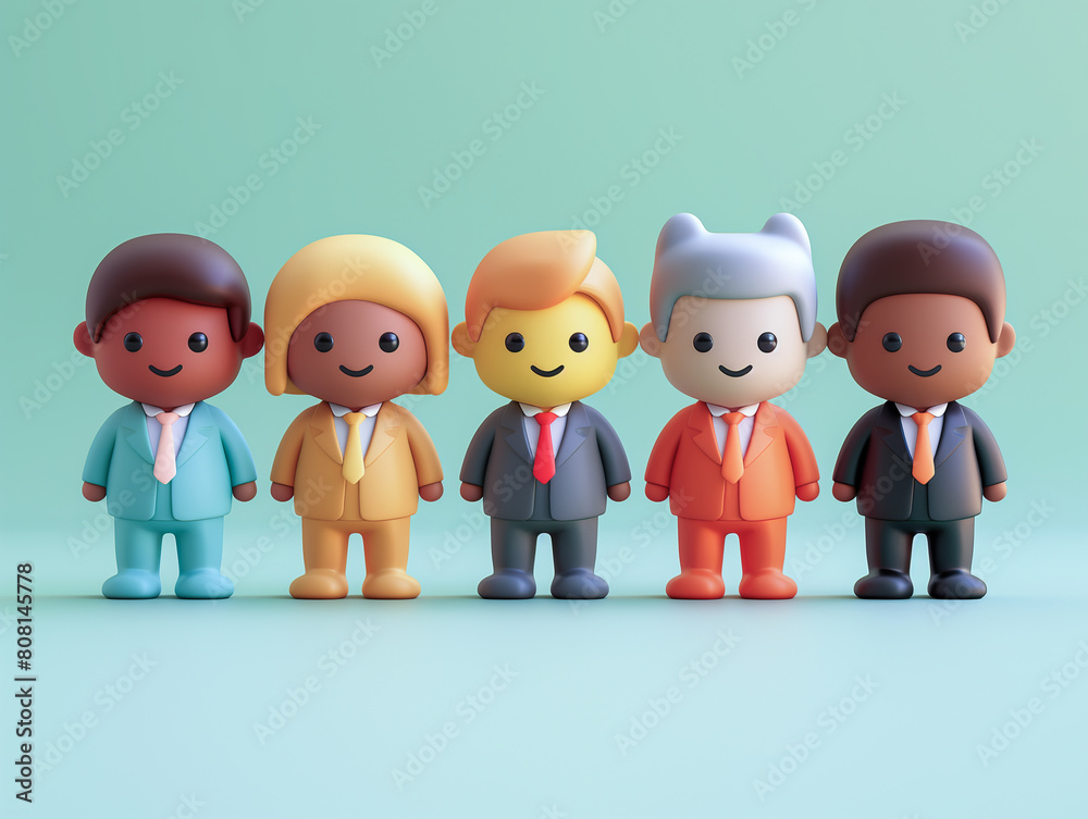 3D illustration of five cartoon businesspeople in colorful suits, smiling 3D illustration of five cartoon businesspeople in colorful suits, smiling