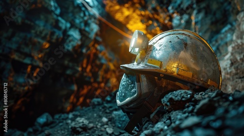 Miner's helmet with a headlamp in a dark underground gold mine, emphasizing the depth and darkness.