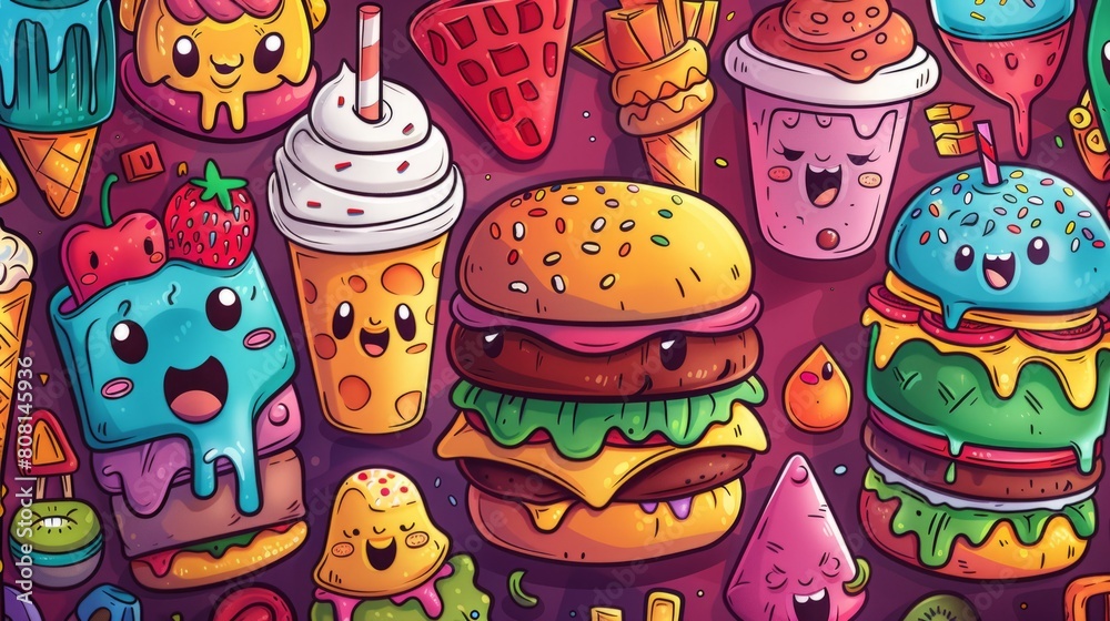 food character illustrations, colorful cartoon figures of popular food items like pizza, burger, and ice cream, in a captivating and engaging style