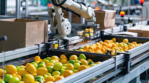 Robotic system sorting and packaging products in a food processing plant.