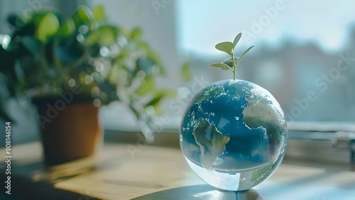 Embracing Earth Day with a glass globe representing sustainable actions. Concept Sustainable Living, Earth Day, Environmental Awareness, Glass Globe, Eco-friendly Practices photo