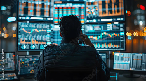 Photo Realistic Day Trader Monitoring Real Time Stock Prices Concept: A Day Trader Reacting to Price Fluctuations and Executing Trades on Multiple Screens
