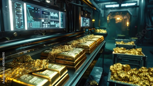 Secure transaction of gold bars in a vault with surveillance, focusing on security and trade.