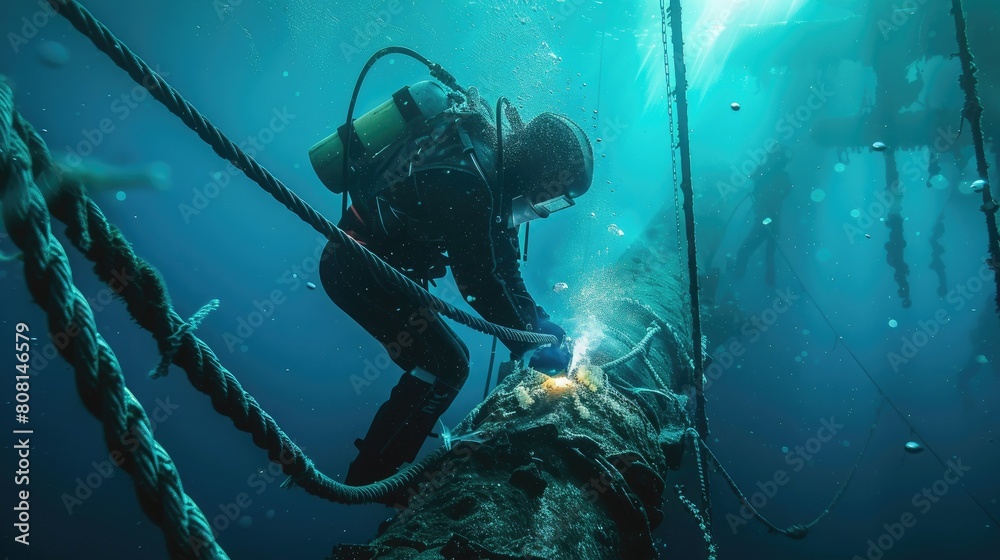 Submerged welder secured by ropes as he performs delicate welding on a damaged underwater cable.