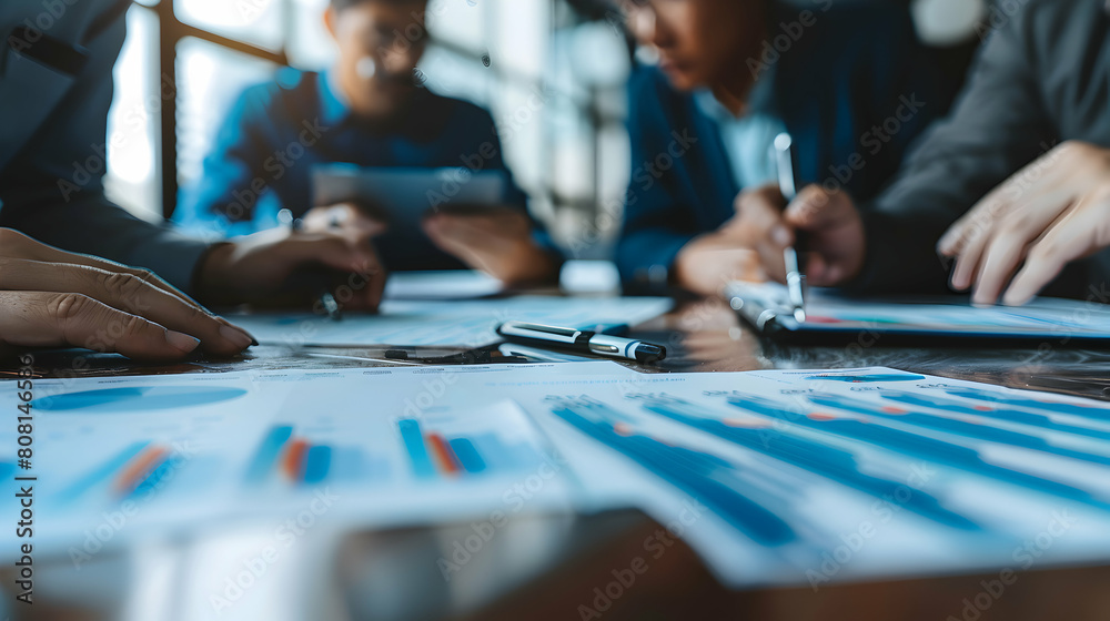 Successful Finance Team Reviewing Budget Allocations to Maximize ROI in Corporate Meeting - Photo Realistic Financial Concept