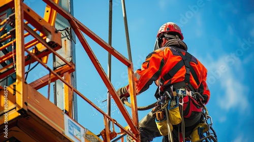 Structural welder working high above the ground on a crane-supported platform, focusing on the height and risk involved.