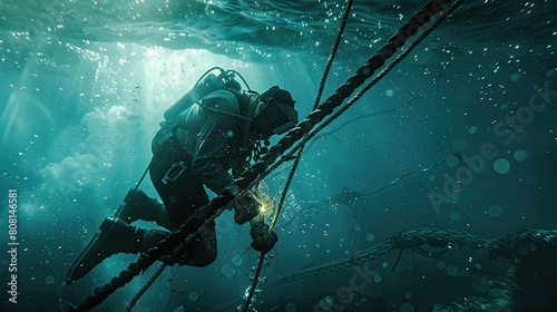 Submerged welder secured by ropes as he performs delicate welding on a damaged underwater cable. photo