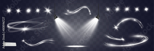 	
Light white wave and spotlight,meteor shine effect,vector glow line sparkle shine. Silver wavy effects.