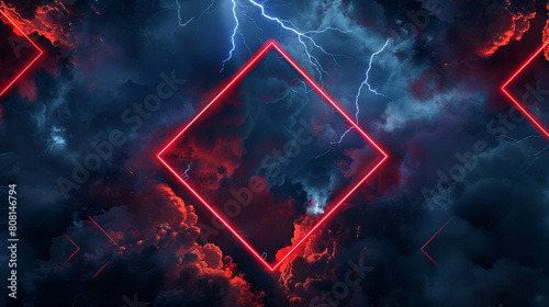 An illuminated red neon rhombus frame set against a background of dark, brooding storm clouds, with occasional flashes of lightning providing a dramatic effect, photo