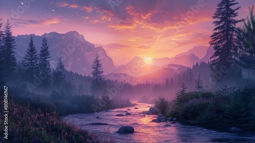 mountain river sunrise, the serene melody of a distant river merges with the sunrise in the mountains, creating a tranquil and picturesque setting