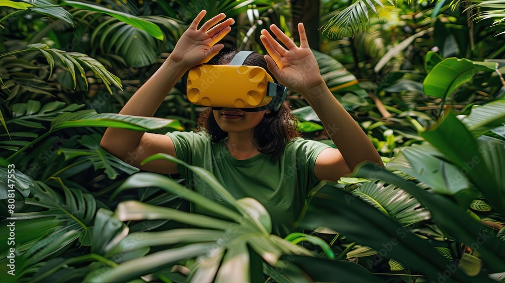 Photo of A woman wearing yellow VR glasses, green shirt in the jungle with plants around her hands raised up to touch virtual objects on their hand Photo of A woman wearing yellow VR glasses, green shirt in the jungle with plants around her hands raised up to touch virtual objects on their hand