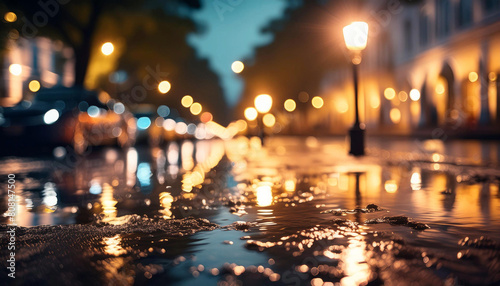 The streetlights and store lights shine brightly on a day when there is a shower.