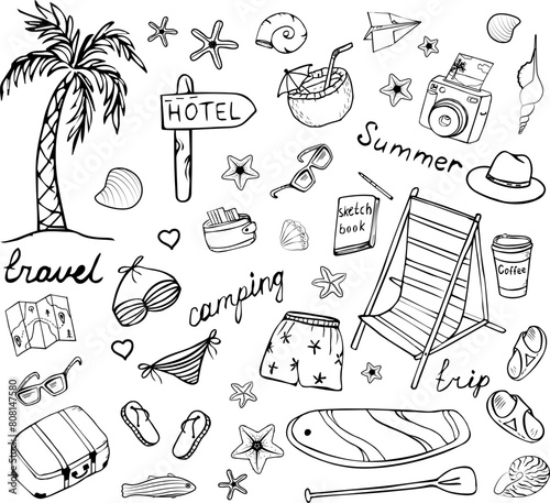 A set of travel doodles, isolated images on a white background, a set of vacation and leisure items