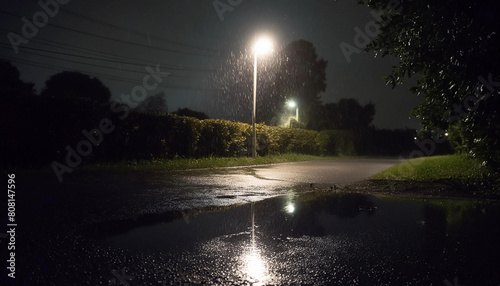 A single streetlight brightens the darkness of the night when a shower falls photo