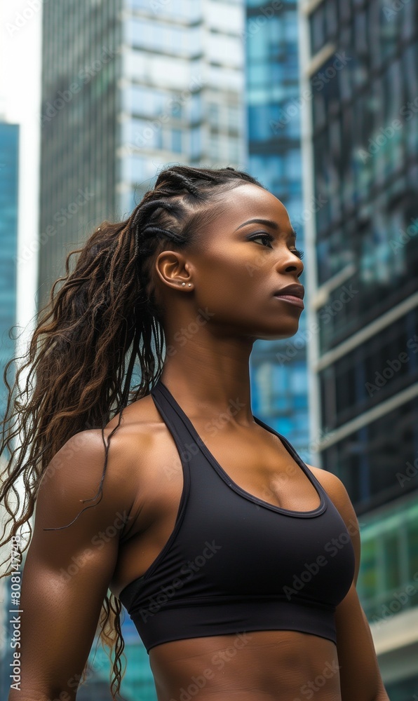 muscular athlete woman with perfect body on modern city with skyscrapers background, fitness and athletic african american black female in downtown muscular athlete woman with perfect body on modern city with skyscrapers background, fitness and athletic african american black female in downtown