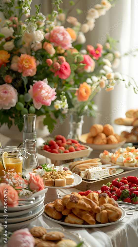Photo realistic Mothers Day brunch setup: Beautifully decorated table with food and floral arrangements