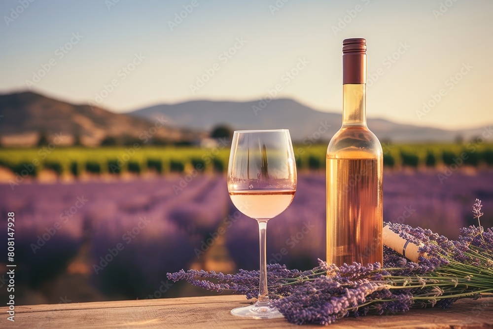 Spring picnic setting  wine glasses, bottle, lavender field   perfect for a relaxing day outdoors