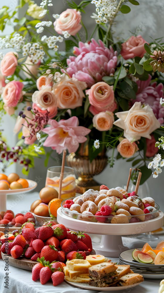Exquisite Mothers Day Brunch Table with Floral Arrangements and Delectable Foods Concept