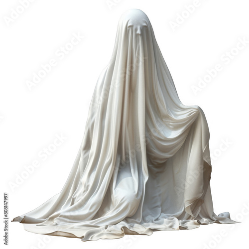 Spooky white fabric ghost costumes are perfect for a Halloween themed party  set against a blank PNG backdrop  invoking the spirit of trick or treating with a touch of artificial intelligence.