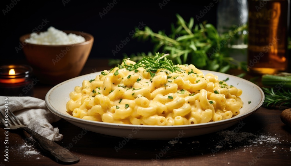 A plate of macaroni and cheese sits on a wooden table, showcasing the creamy pasta and melted cheese A plate of macaroni and cheese sits on a wooden table, showcasing the creamy pasta and melted cheese
