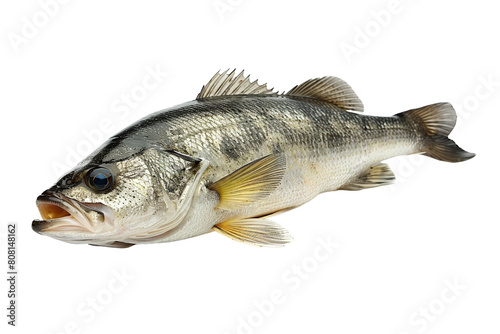 A single sea bass fish displayed against a plain white backdrop