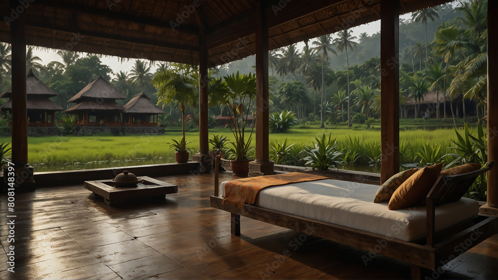 Serene Javanese Heritage Haven Interior. Traditional wooden joglo architecture, peaceful rice paddy views