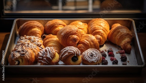 A pan filled with a variety of different types of pastries, showcasing a selection of baked goods