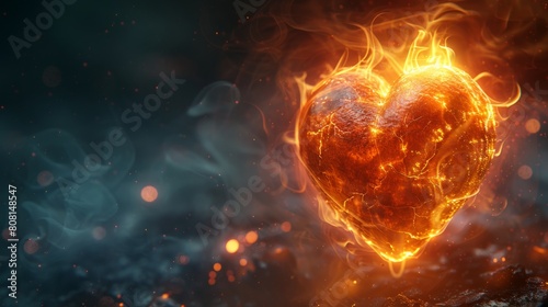 Fiery heart glowing with intense heat and smoke