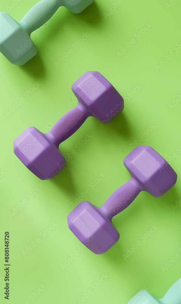 small fitness dumbbells colorful background, gym and bodybuilding pattern