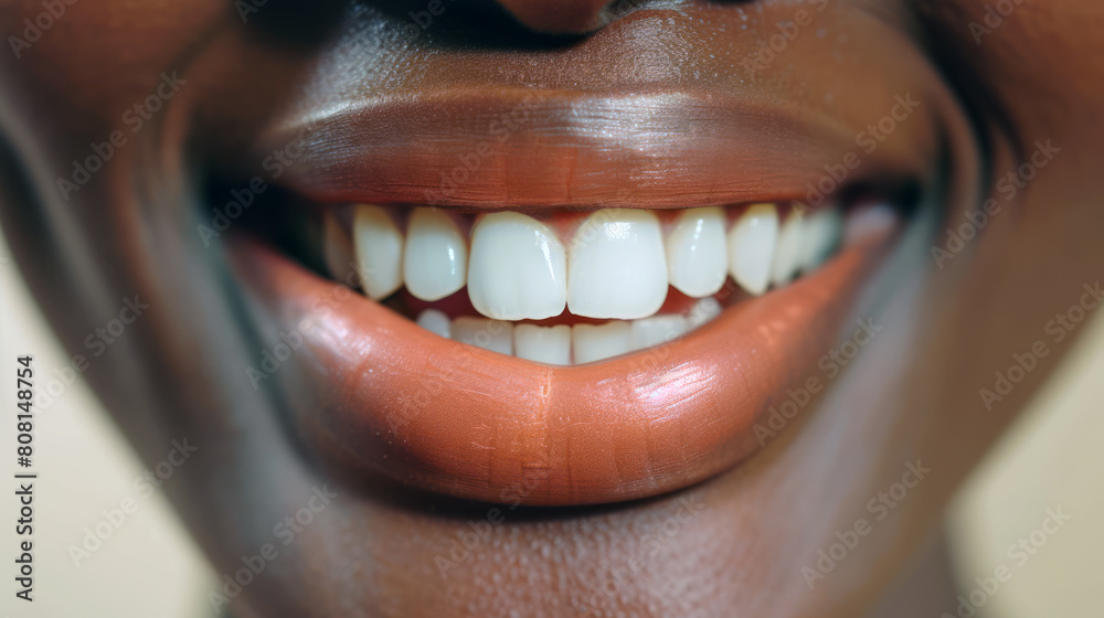 Naklejka premium Detail of white teeth from laughing afro american