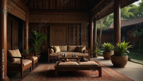 Timeless Elegance in Javanese Tradition. Classic wooden joglo structures, graceful teakwood furniture, serene courtyard gardens