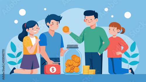 The family passing around a jar filled with coins and bills counting up their savings and brainstorming ways to increase it.. Vector illustration