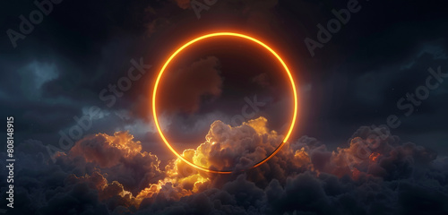 Dark night sky with a cloud encircled by an amber neon light ring  3D frame.