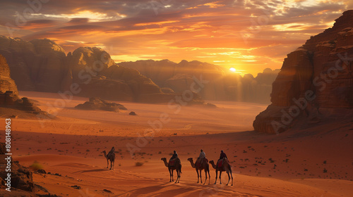 Camels against the backdrop of orange sand in the desert illuminated by the bright scorching sun