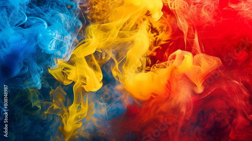 A symphony of smoke in bright  primary colors--red  yellow  and blue--creating a bold  modern art piece.