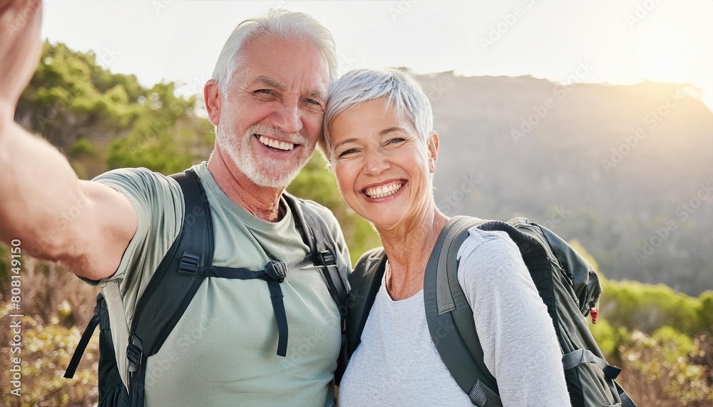 Selfie, hiking and portrait of senior couple with smile on adventure in forest, woods and mountain for exercise Selfie, hiking and portrait of senior couple with smile on adventure in forest, woods and mountain for exercise