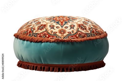 Round and comfortable cushion with blue bottom and colorful oriental pattern on the top.