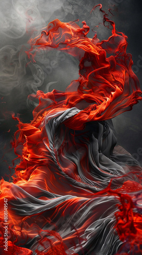 A dramatic dance of fiery red and slate gray waves, rising fiercely, mimicking the passionate movements of a flamenco dancer's skirt.