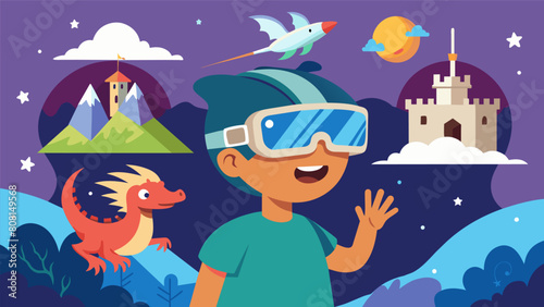 The virtual reality travel experience takes the children to a fairy tale realm with dragons unicorns and magical castles where they can fulfill all of. Vector illustration