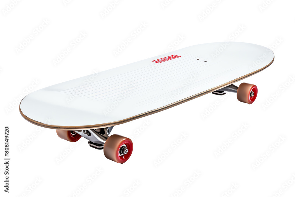 The photo shows a white skateboard on a white background. The skateboard has red wheels. The photo shows a white skateboard on a white background. The skateboard has red wheels.