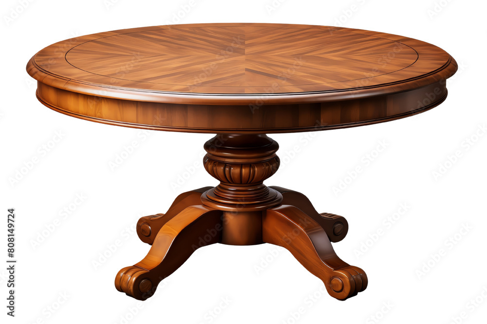 The photo shows a round wooden table with a dark brown finish. The table is supported by a single pedestal with three legs. The table is ideal for use in a dining room or kitchen. The photo shows a round wooden table with a dark brown finish. The table is supported by a single pedestal with three legs. The table is ideal for use in a dining room or kitchen.