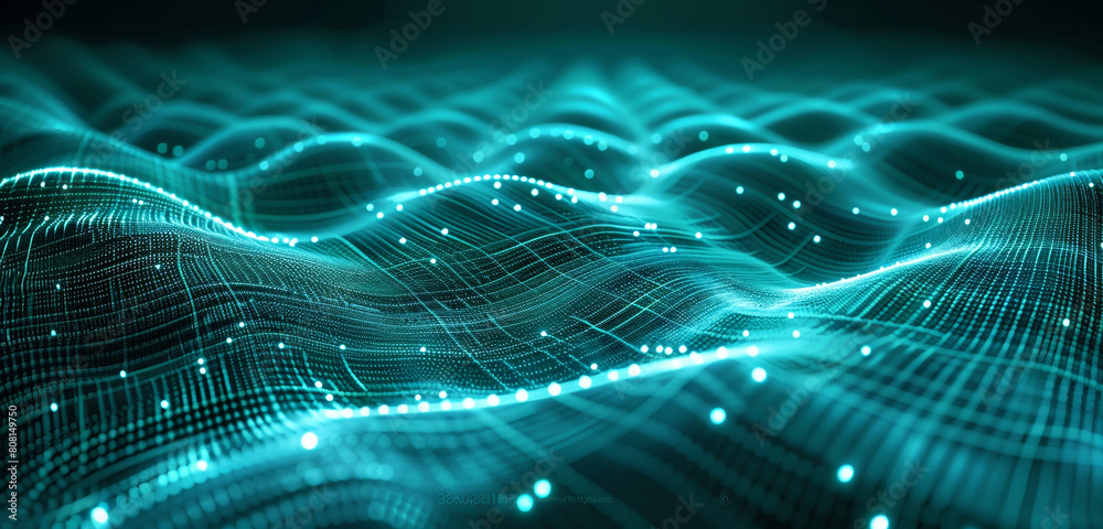 Calming glowing teal fractal grid waves, radiating with serene tranquility, perfect for peaceful designs.
