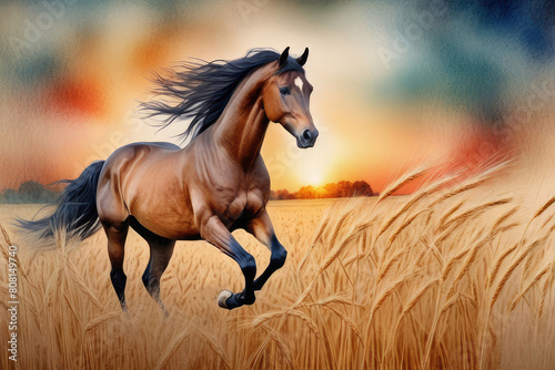 Beautiful horse galloping lush wheat field in motion blur.
