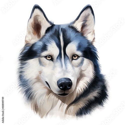 Portrait of a fluffy Siberian Husky or Alaskan Malamute puppy, possibly a purebred with striking blue eyes