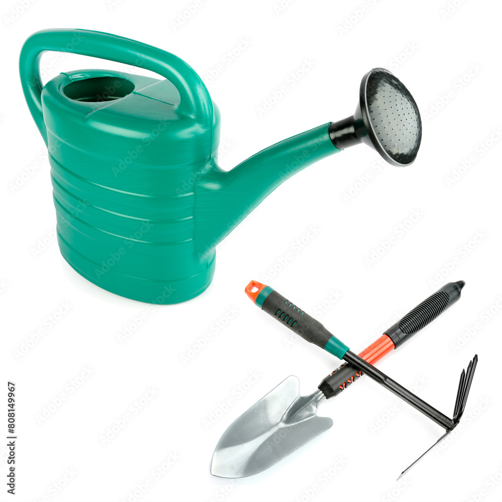 Fototapeta premium Garden tools, shovels, watering can and rake isolated on white . Free space for text. Collage. Vertical photo.