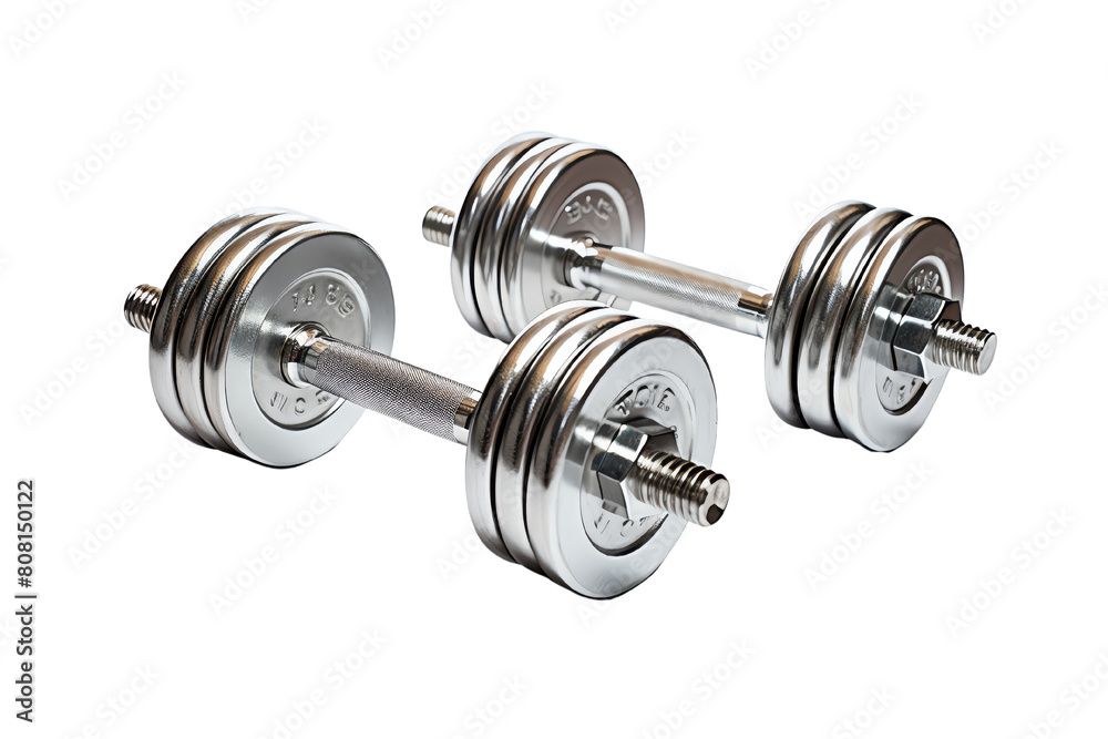 A pair of shiny metal dumbbells on a black background. The dumbbells are made of solid steel with a chrome finish and have a knurled grip for a secure hold. A pair of shiny metal dumbbells on a black background. The dumbbells are made of solid steel with a chrome finish and have a knurled grip for a secure hold.