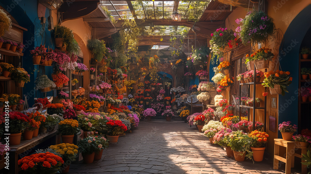 An immersive photograph showcasing a flower fair in full bloom, with cascading flower arches, ornate floral displays, and charming vendors selling bouquets and potted plants, creat