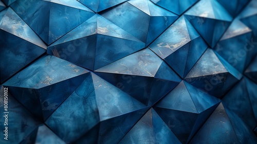 Abstract blue geometric sculpture with textured surfaces