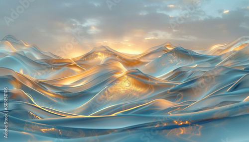 A calming and elegant scene of azure and soft gold waves, flowing together in a harmonious dance that suggests the tranquility of a sunset over the ocean. photo