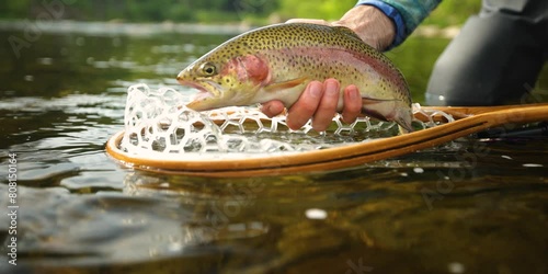 Video 4K of Trophy Rainbow Trout caught while fly fishing in river water while in nature with a fishing rod and net.